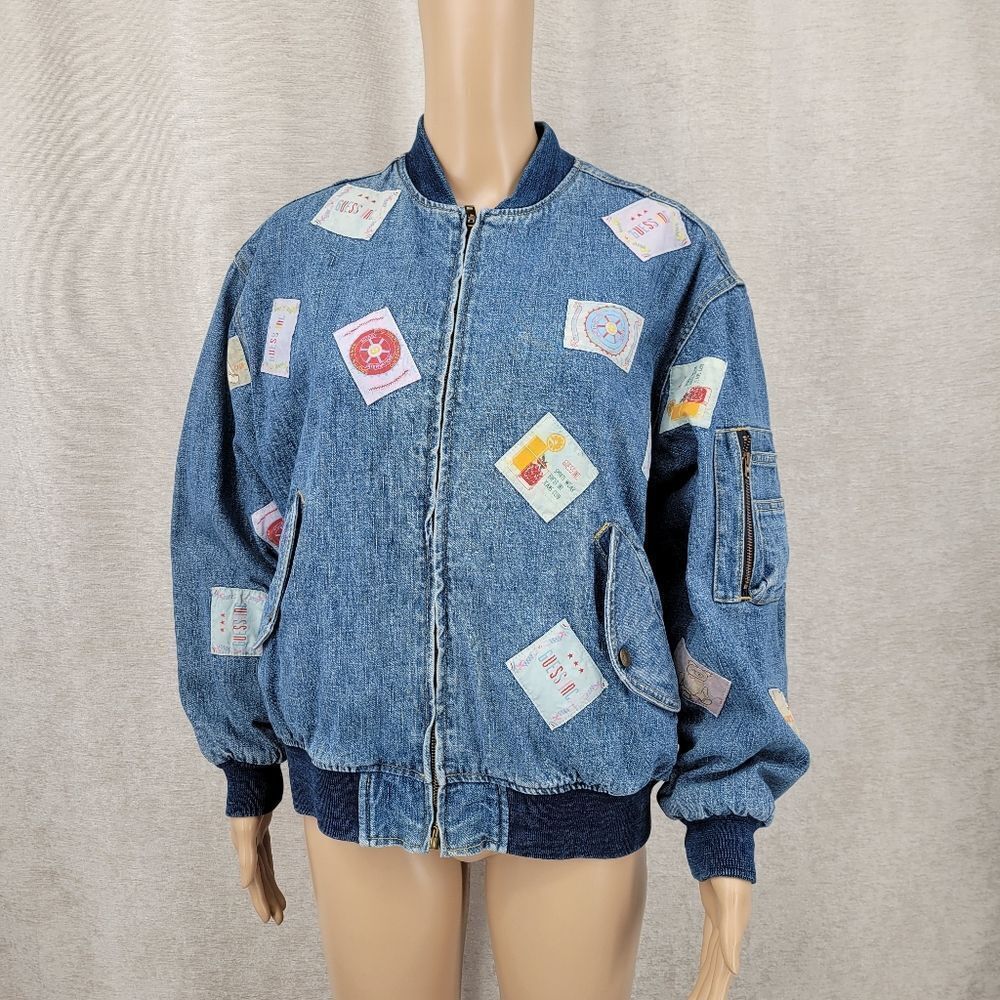Guess Georges Marciano Vintage 80s Denim Bomber Jacket with Logo Patches RARE